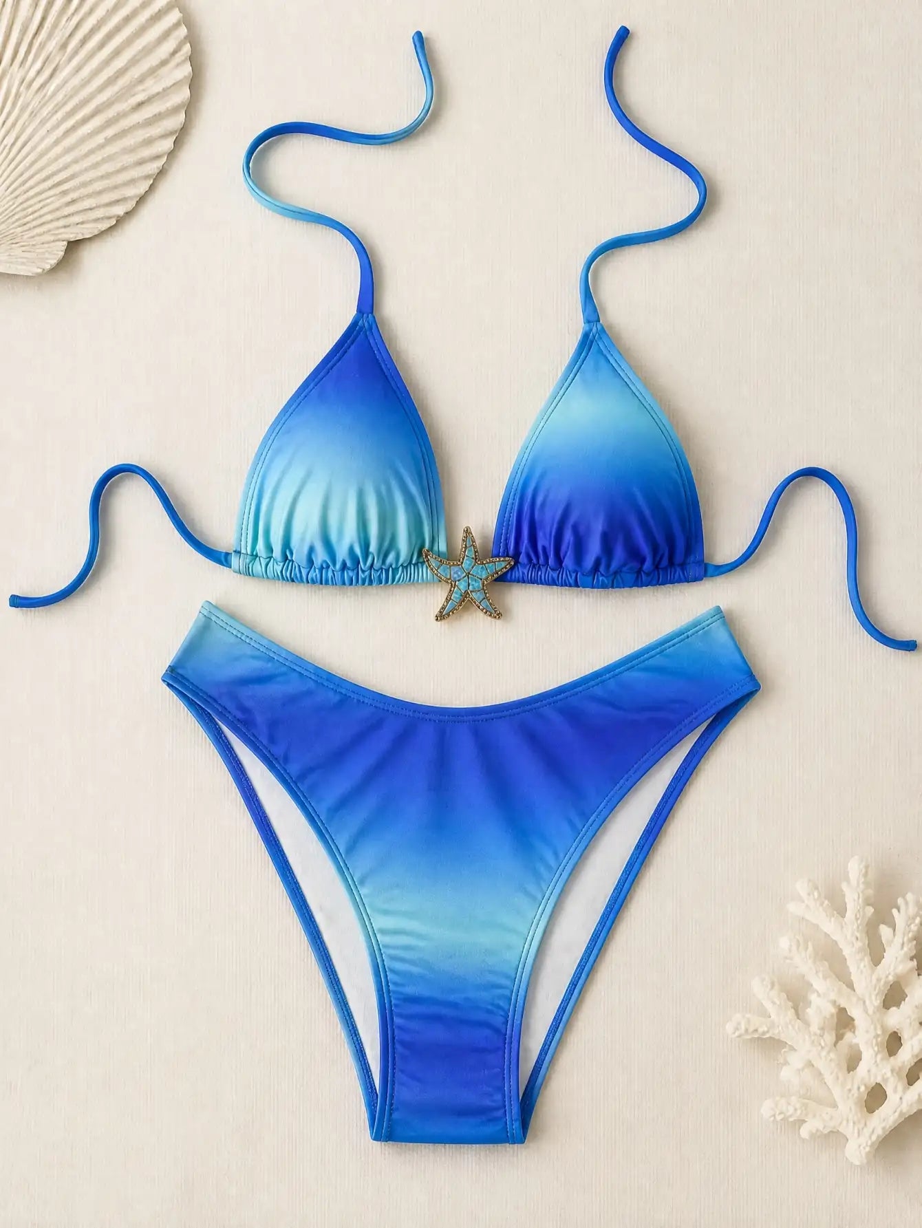 Tulum Ombre Starfish Triangle Tie Bikini Set - Ocean Blue Gradient