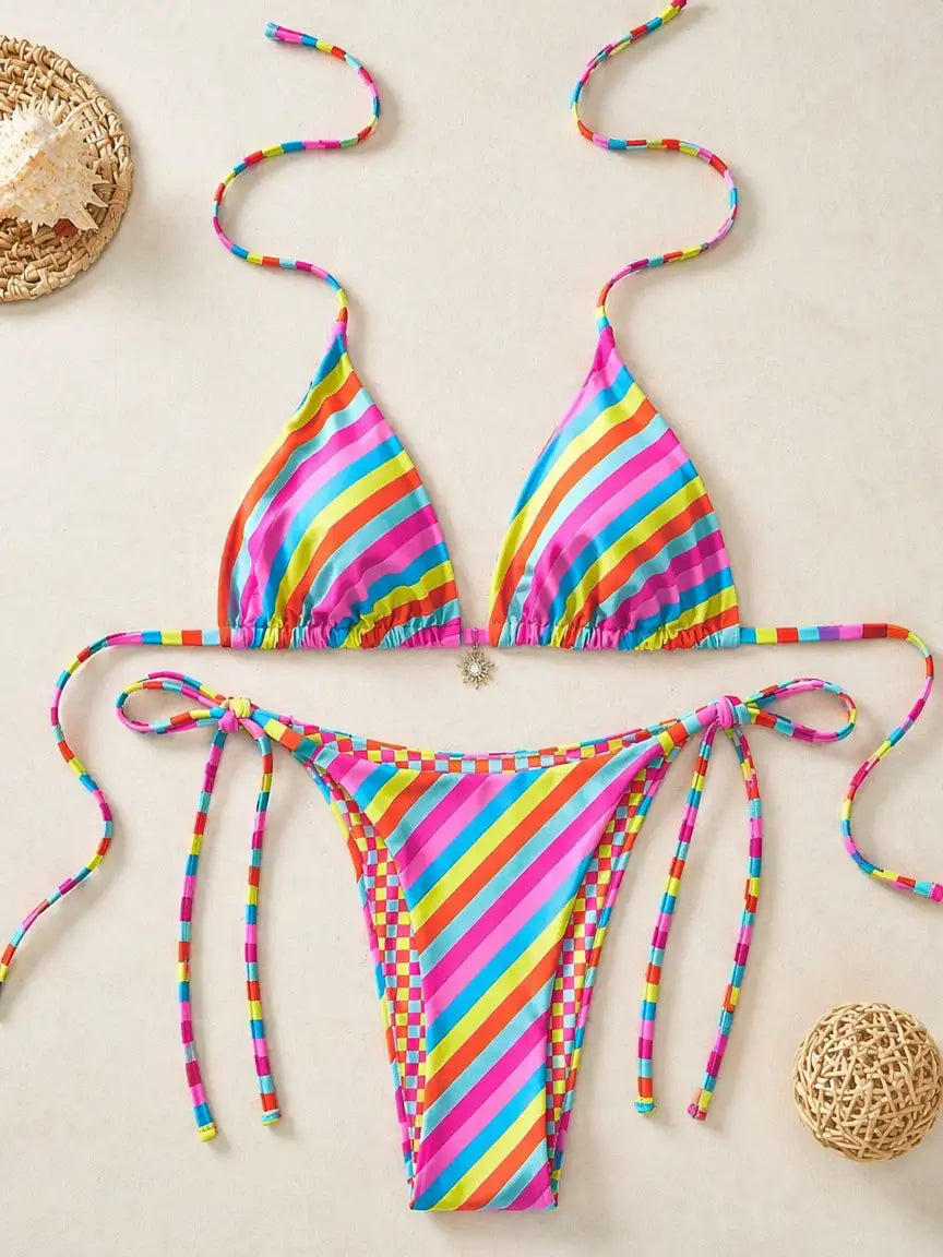 Tulum Rainbow Diagonal Stripe Sun Charm Two-Piece Bikini Set