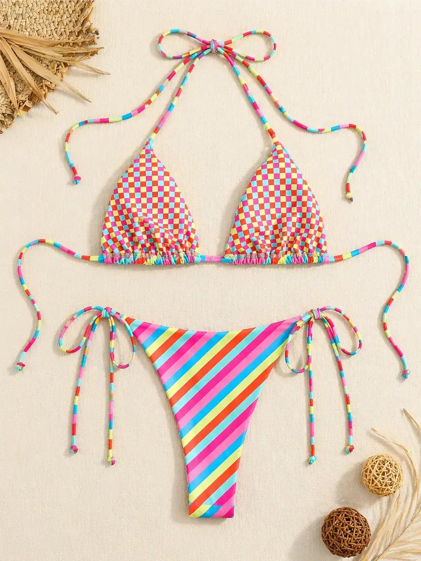 Tulum Rainbow Diagonal Stripe Sun Charm Two-Piece Bikini Set
