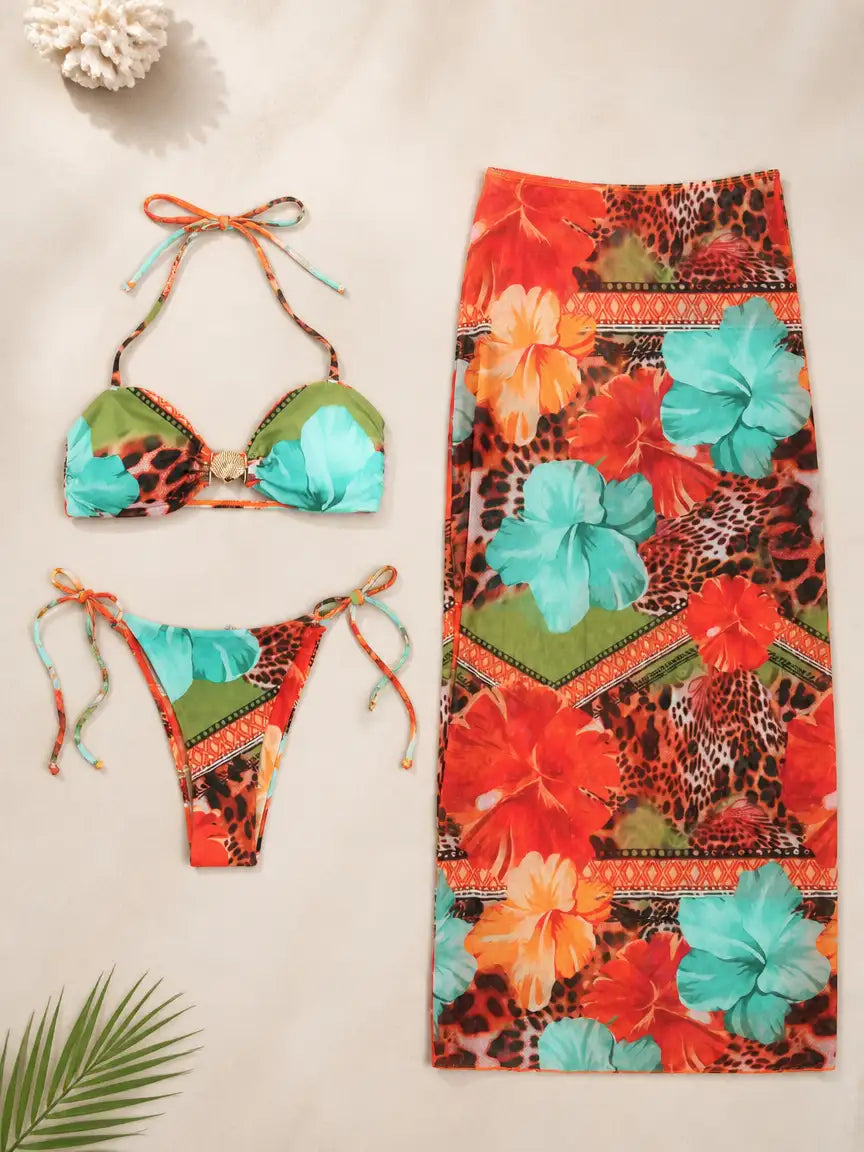 Tulum Tropical Mixed Print&Leopard 3 Piece Bikini Set - Hibiscus Print