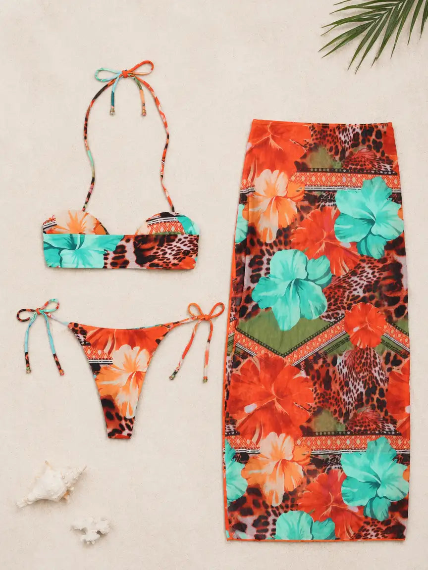 Tulum Tropical Mixed Print&Leopard 3 Piece Bikini Set - Hibiscus Print