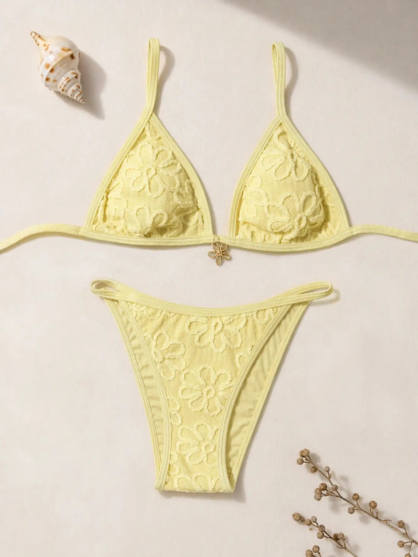Yellow Side Solid Color Women Bikini Set Set