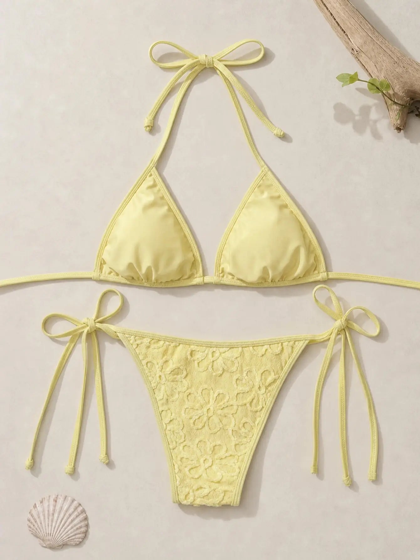 Yellow Side Solid Color Women Bikini Set Set