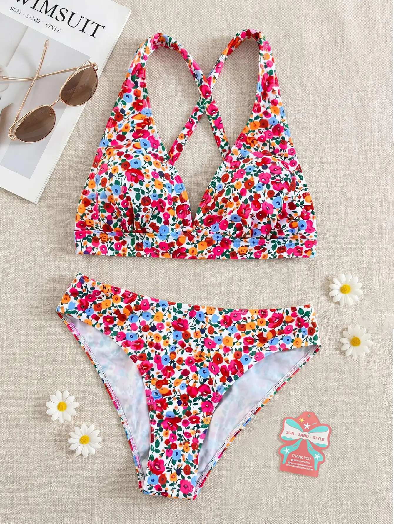 Summer Ditsy Floral Halter Crisscross Back Bikini Set