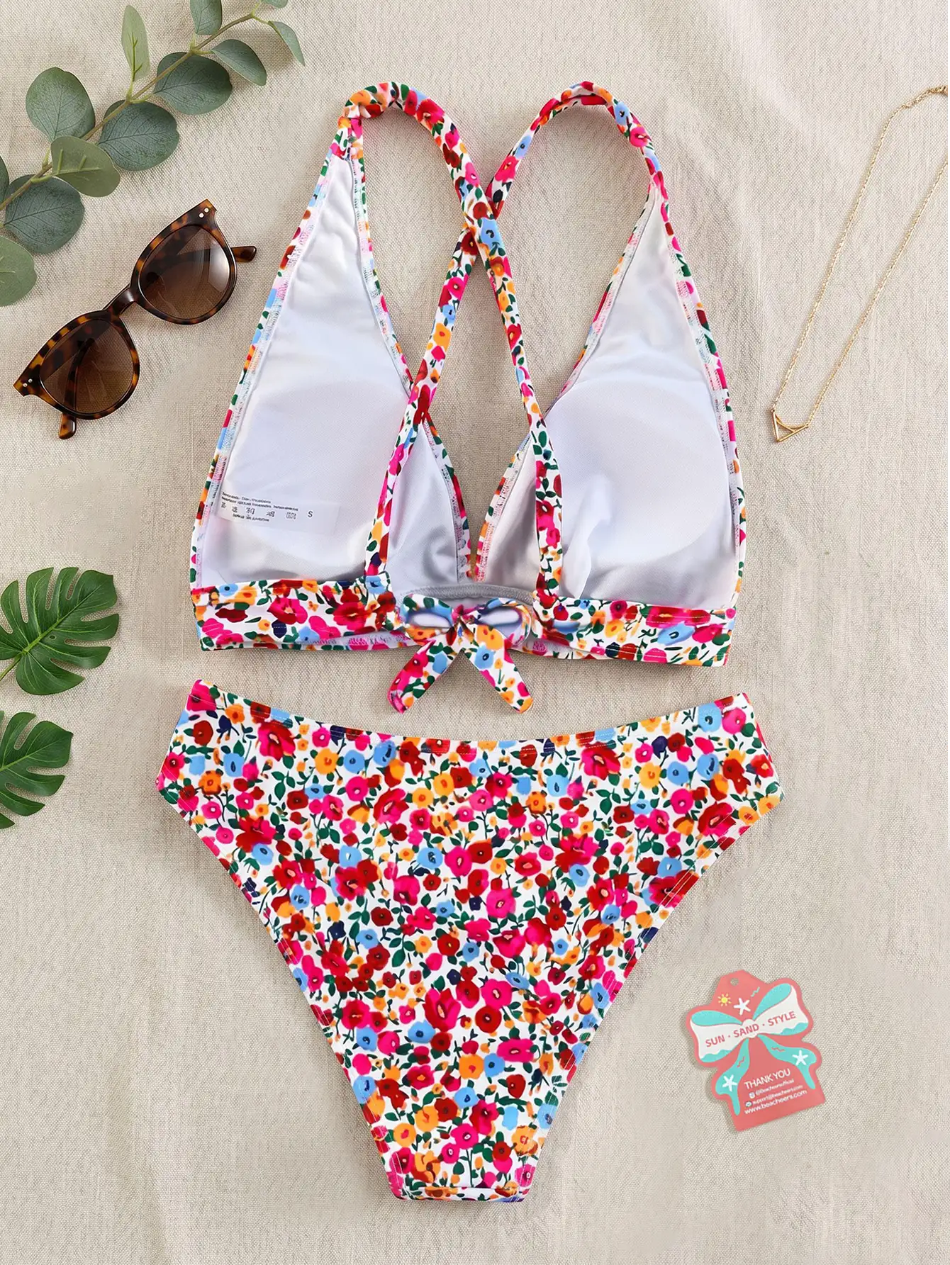 Summer Ditsy Floral Halter Crisscross Back Bikini Set