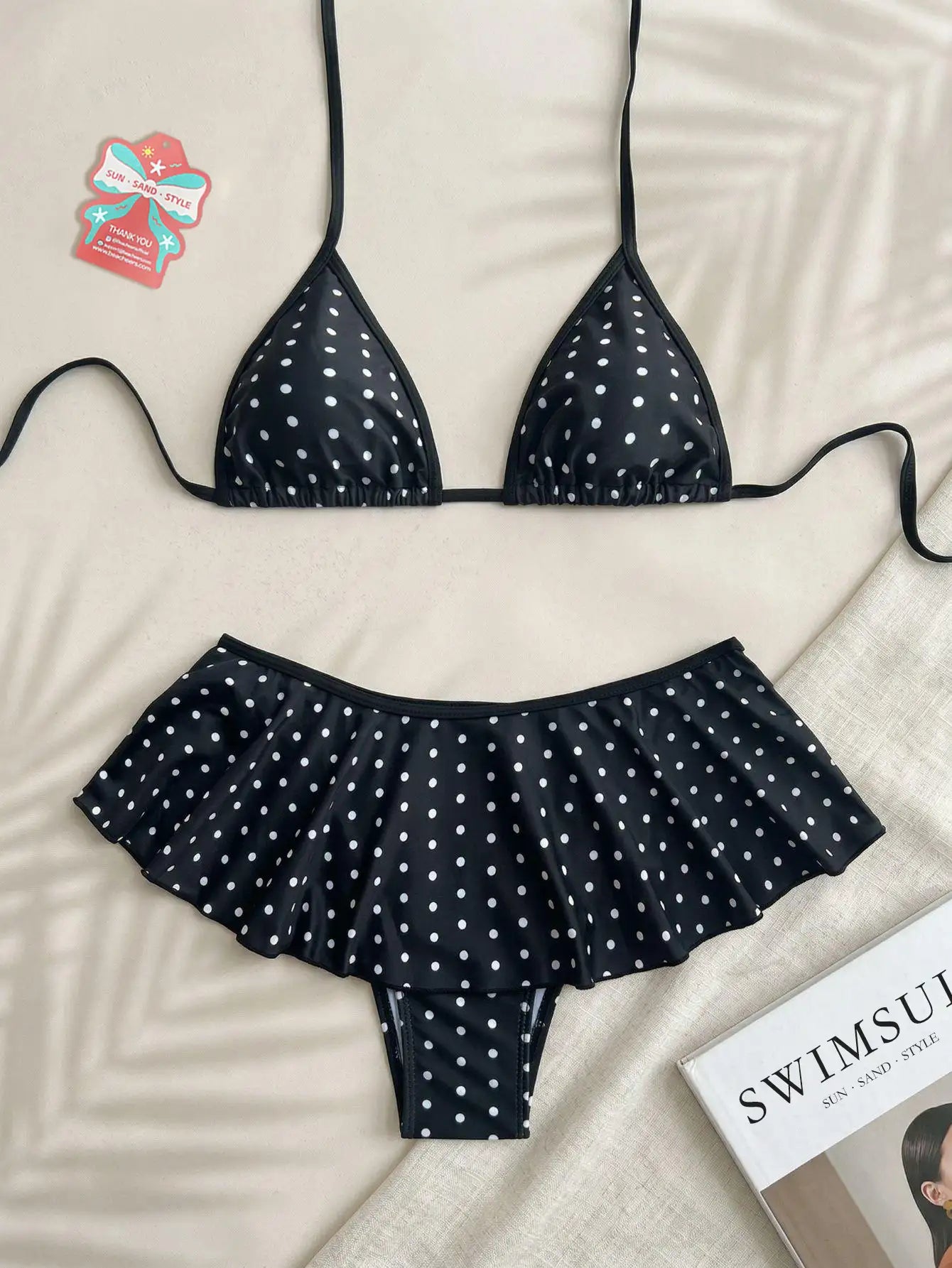 Polka Dot Print 2 Piece Swimsuit-Coffee
