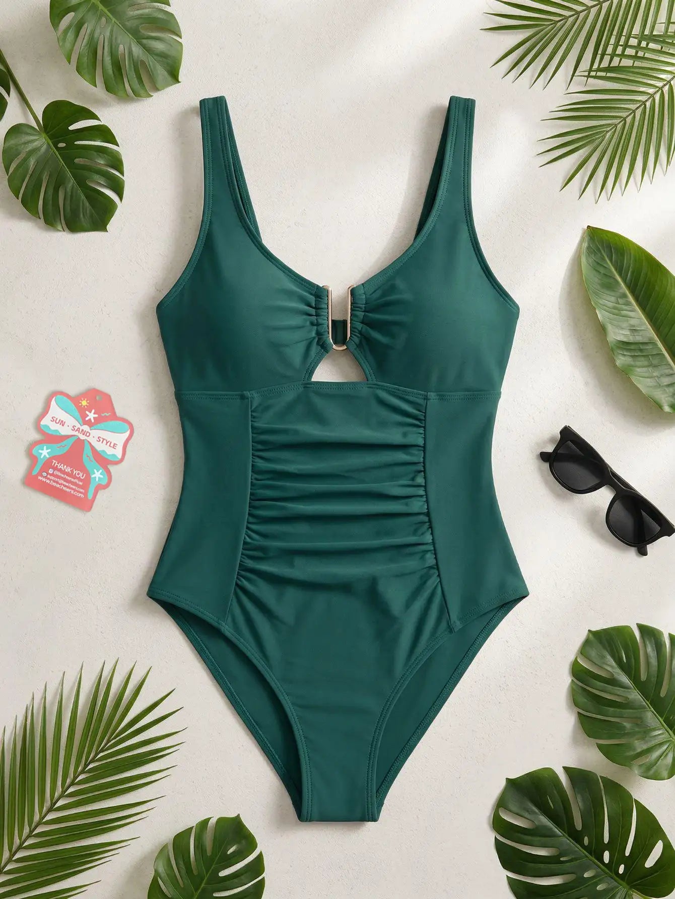 Solid Color V Neck One Piece Swimsuit