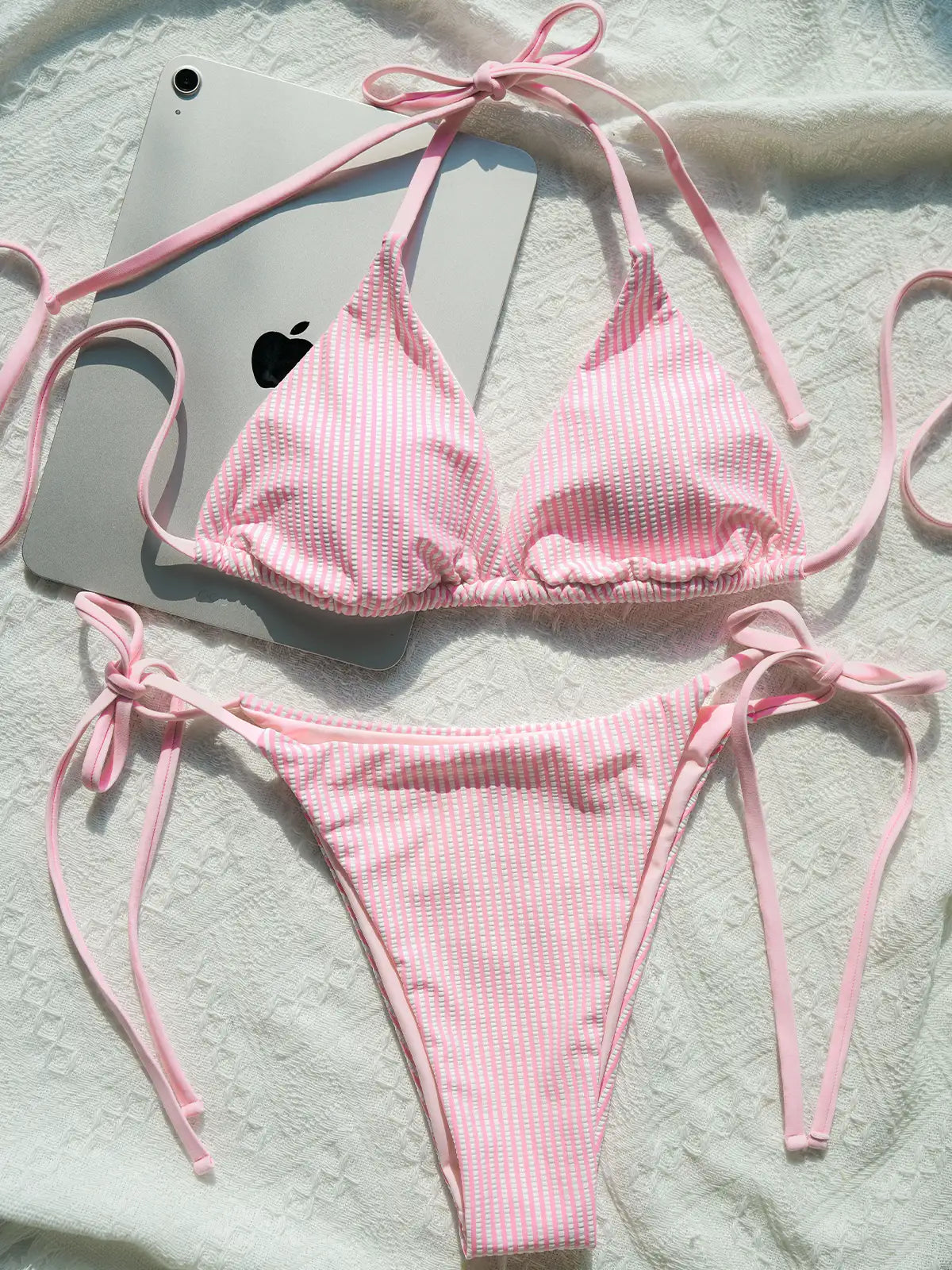 Zara Crinkle Stripe Halter Side Tie Bikini Set